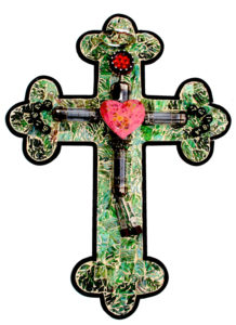 assemblage of electronics on mosaic: corpus-on-green-cross